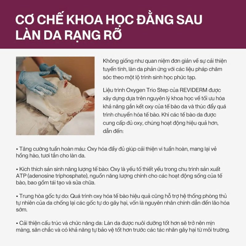 Oxygen Trio Step hỗ trợ tối ưu khả năng tiếp nhận oxy của tế bào da, góp phần cải thiện vi tuần hoàn, tăng năng lượng tế bào và giúp làn da trông tươi mới hơn.